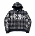 Plaid hoodie with star patterns and a logo on a white background
