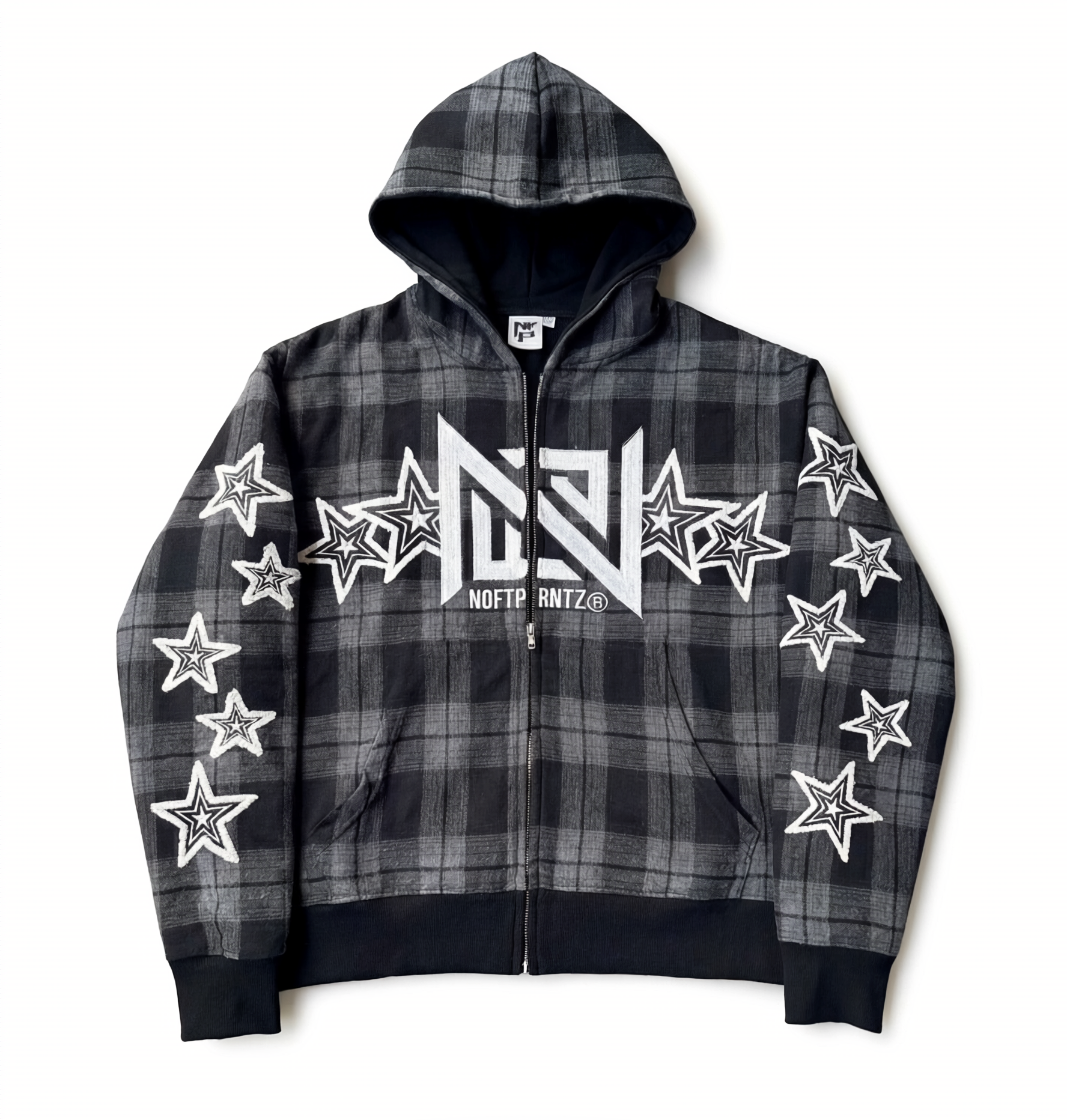 Plaid hoodie with star patterns and a logo on a white background
