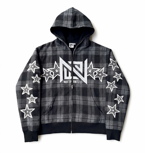 Plaid hoodie with star patterns and a logo on a white background